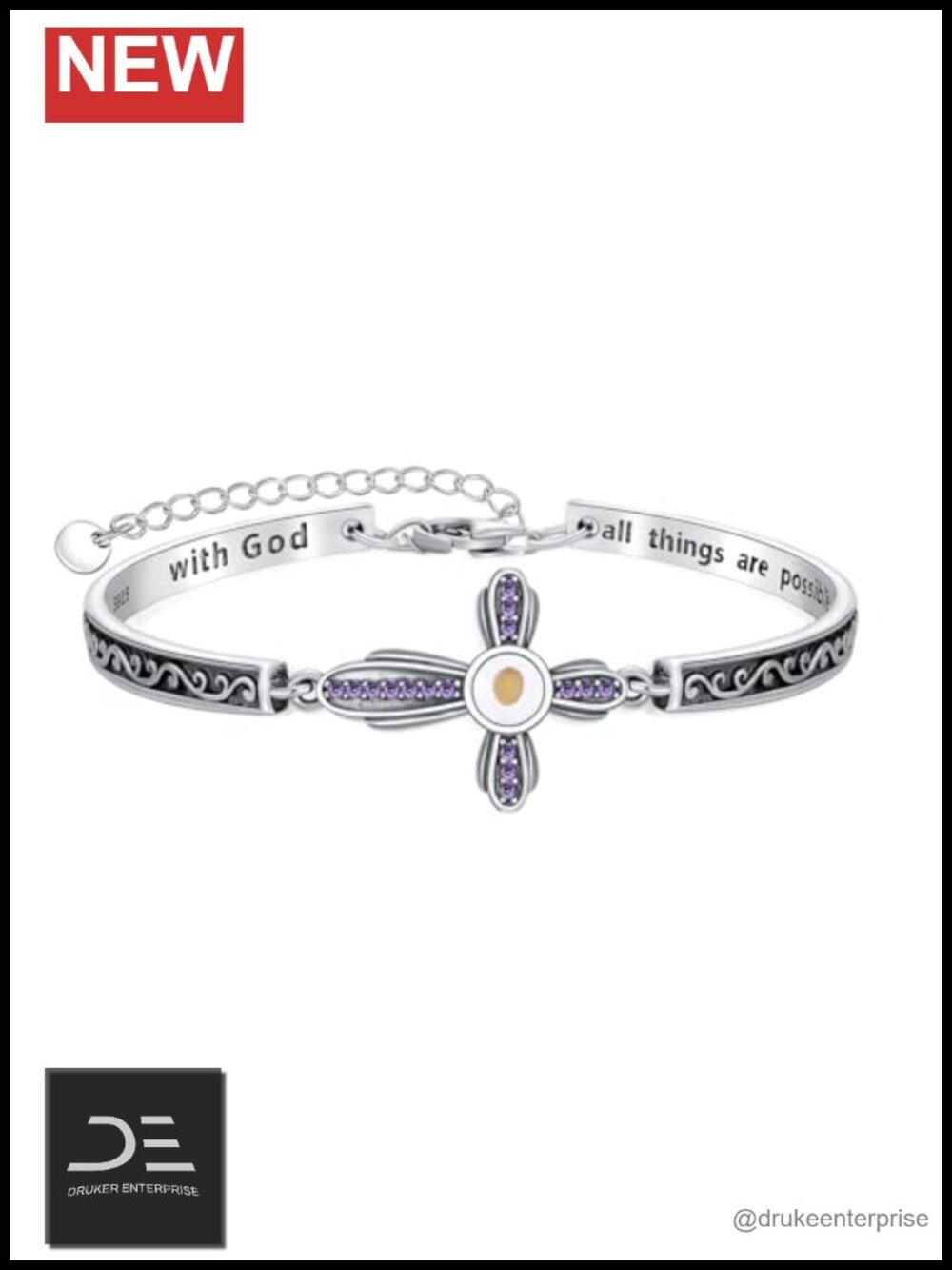 Sterling Silver Mustard Seed Cross Birthstone Bangle Bracelet Christian